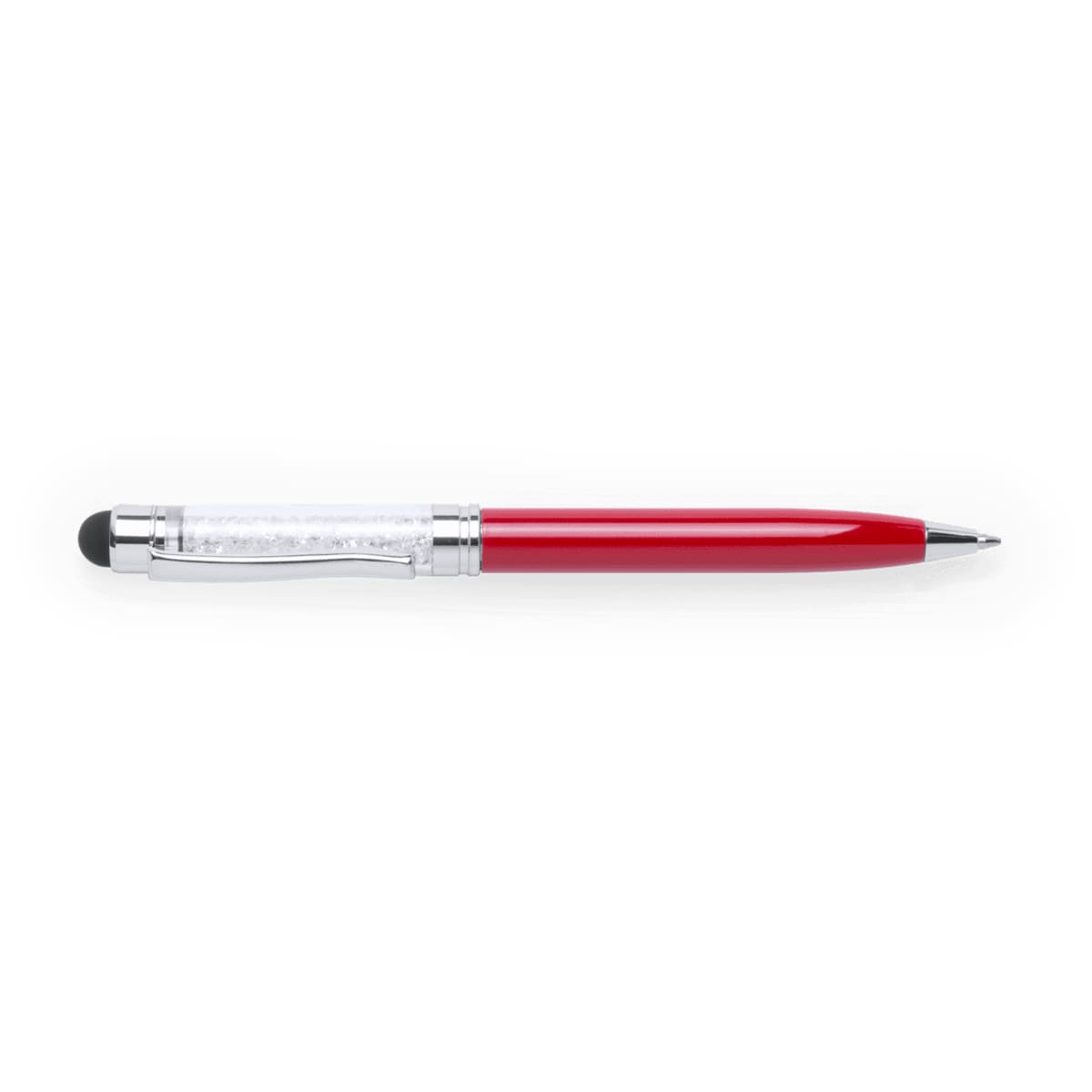 A red globix stylus touch ball pen with a silver clip and a black stylus tip.
