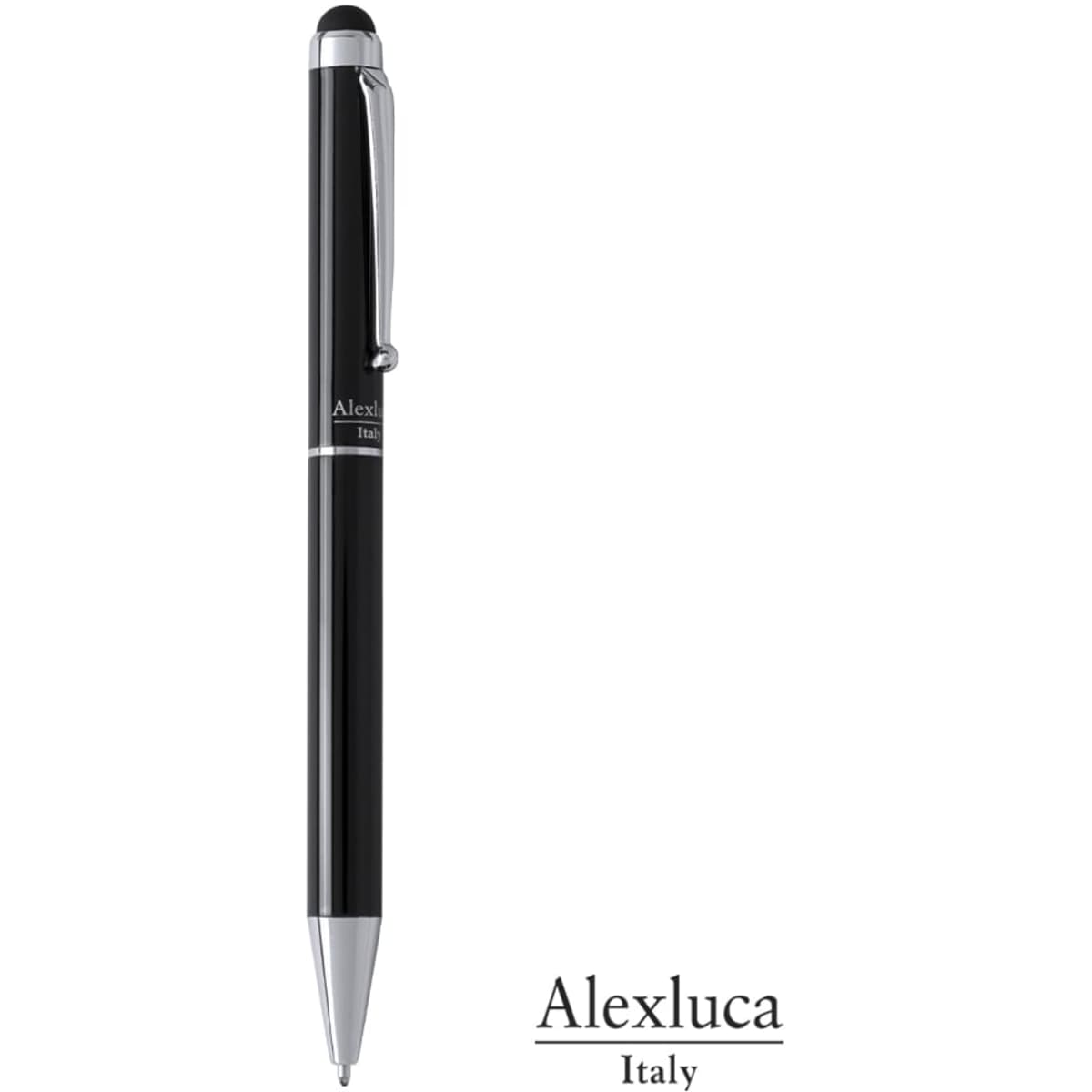 A black ballpoint pen with a stylus tip, featuring a logo and a sleek design.