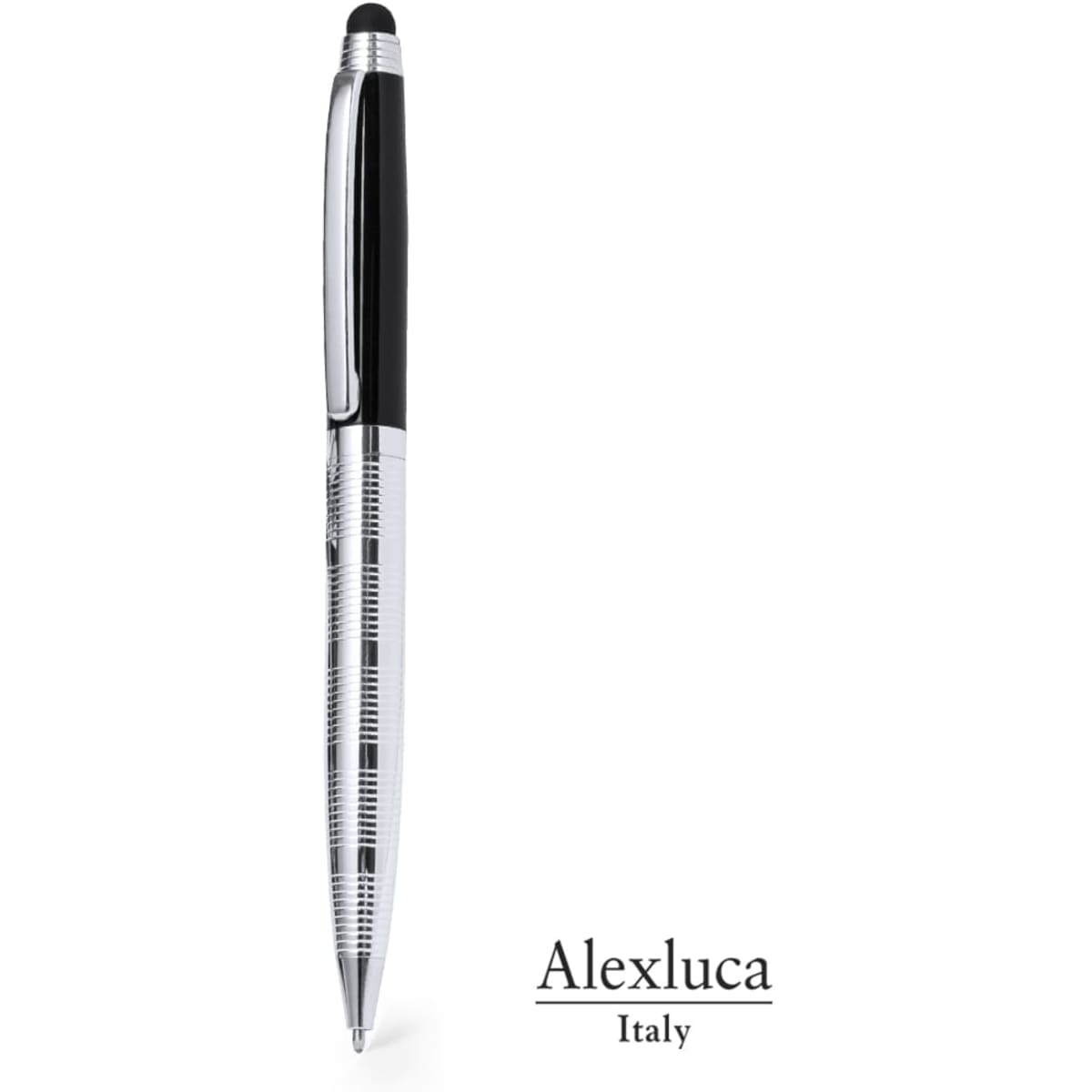 A silver and black Lantey ballpoint pen with a stylus tip and a logo.