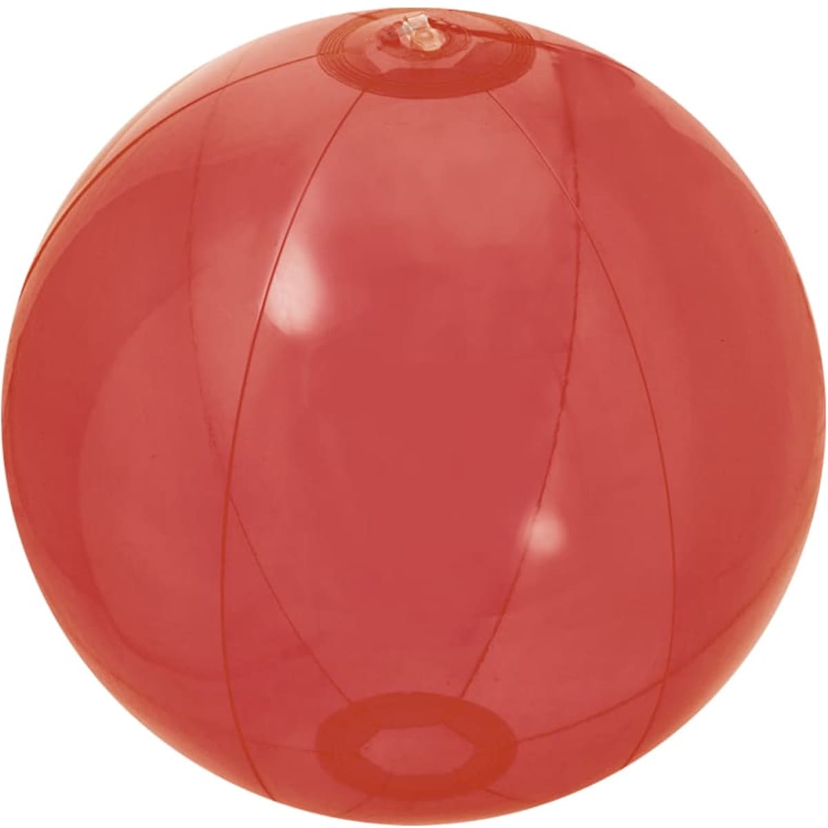 A red inflatable ball with a glossy surface, designed for leisure and outdoor activities. It features a logo.