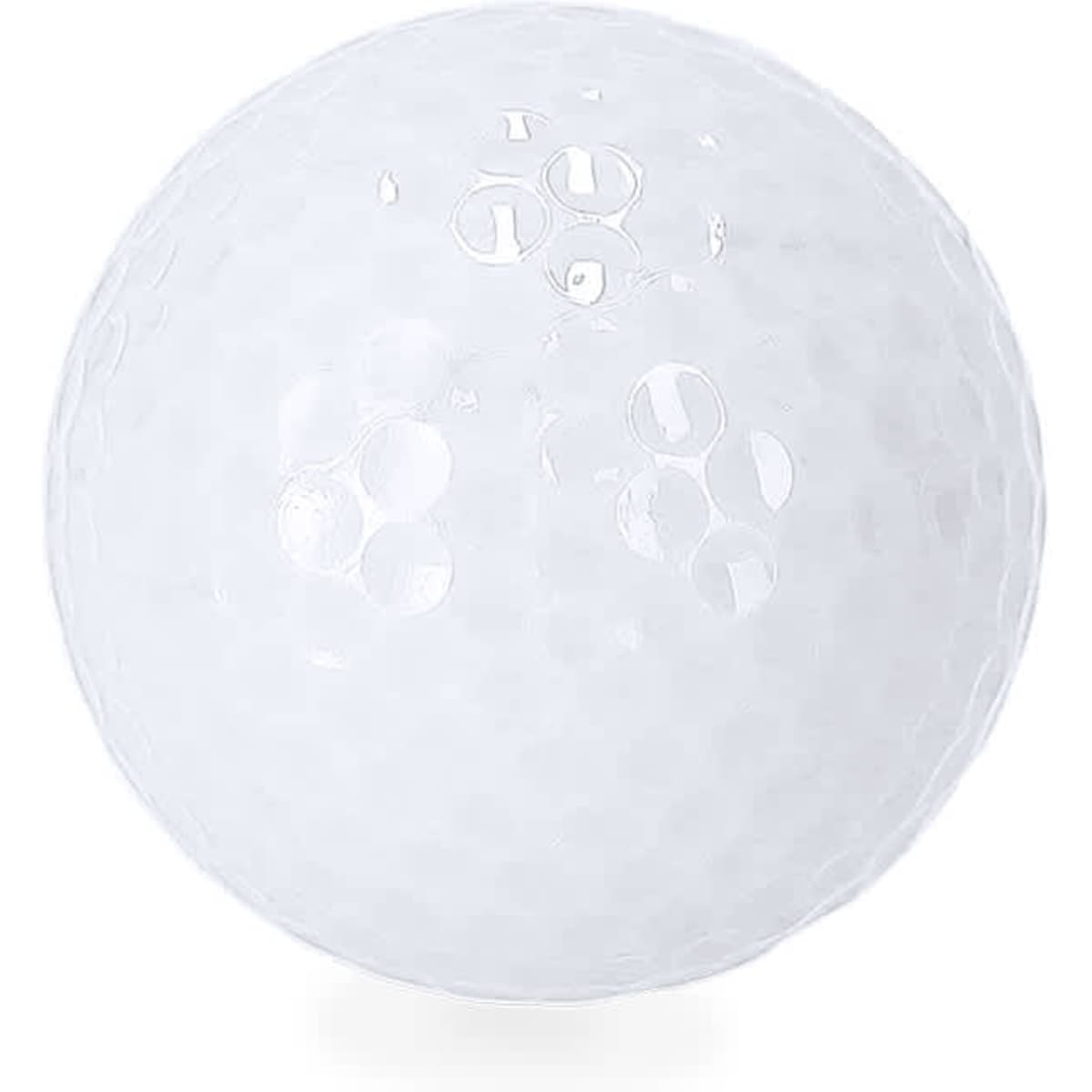 A white golf ball featuring a dimpled texture and a branding logo.