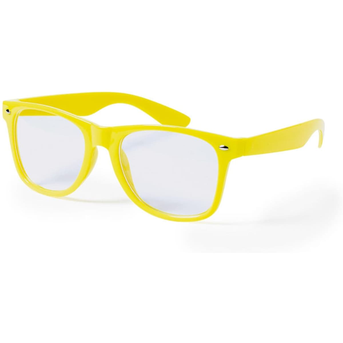 Bright yellow sunglasses with clear lenses and a logo on the temple. Ideal for leisure and outdoor activities.