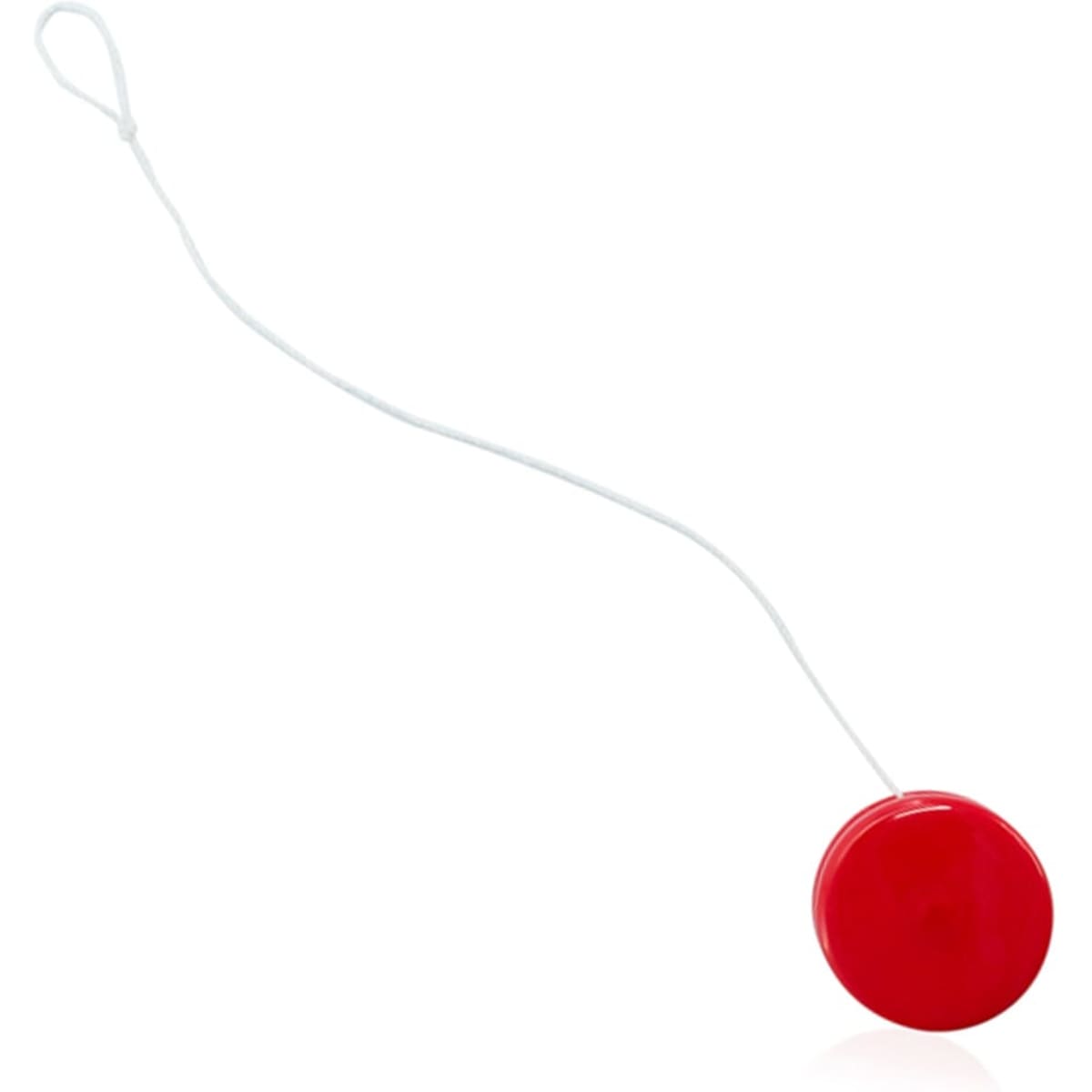 A bright red yoyo with a white string, designed for fun and games. It features a simple round shape.