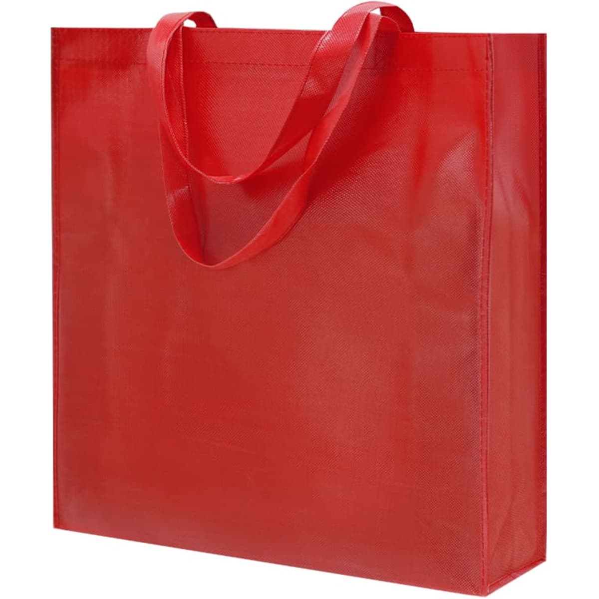 A red reusable grocery bag with two handles and a glossy finish. It features a branding logo on the surface.