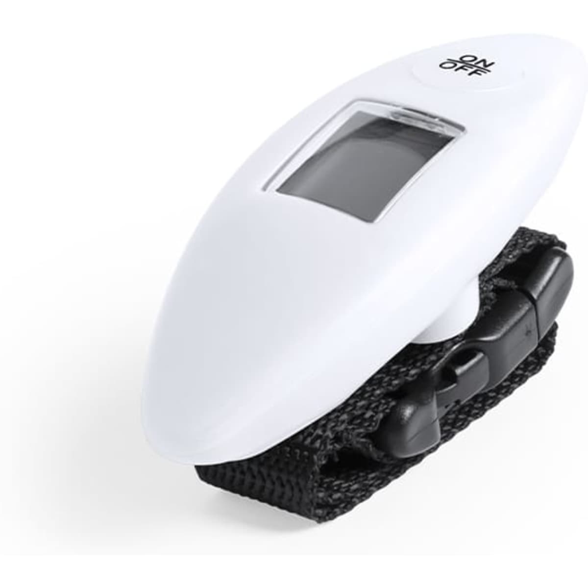 A white device with a digital display and a black strap, designed for an unspecified function.