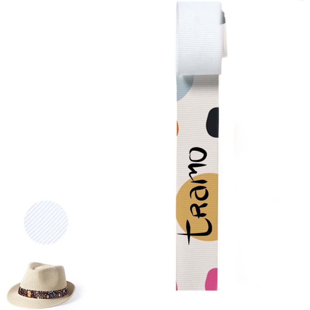 A multi-coloured headwear band with a pattern of dots, featuring a branding logo.