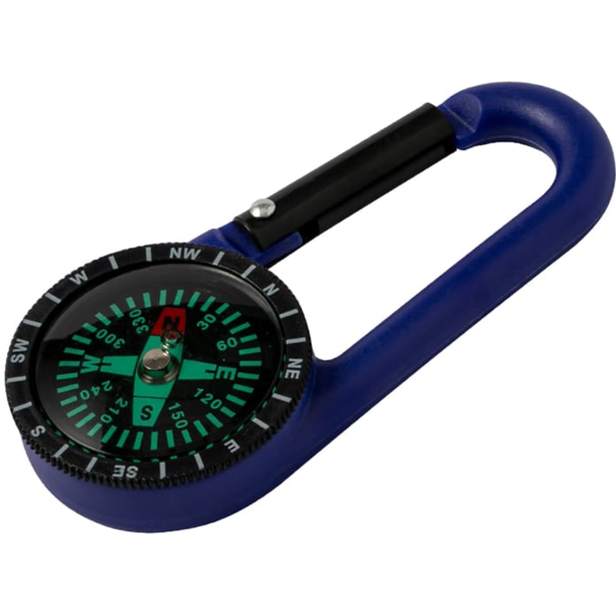 A blue carabiner featuring a compass with a green and black dial, ideal for outdoor activities.