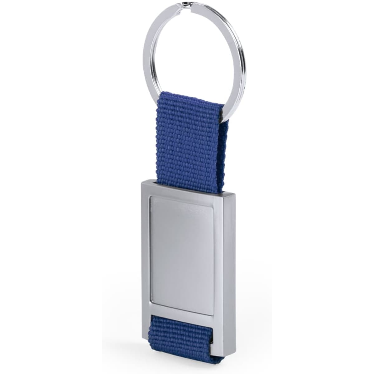 A blue keyring featuring a rectangular metal frame with a silver finish and a circular keychain attachment.