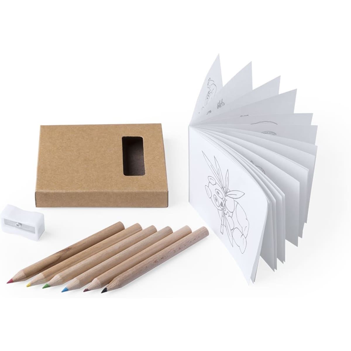A gift set featuring coloured pencils in various shades, an eraser, and a sketchbook in a kraft box.