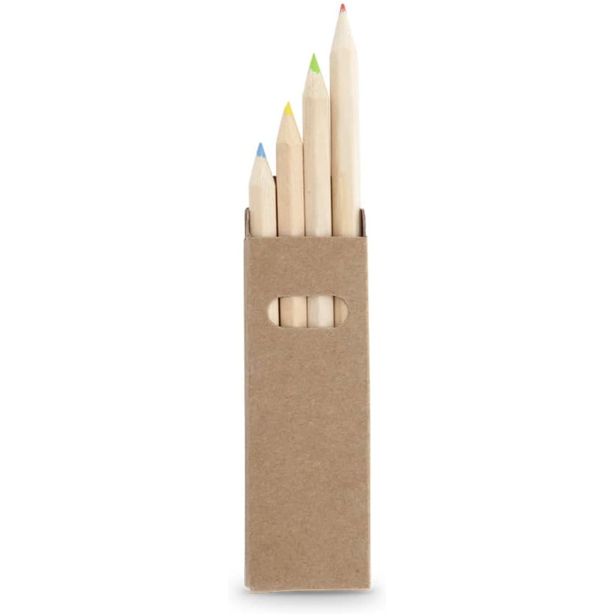 A set of coloured pencils in a cardboard holder, featuring blue, yellow, and other coloured tips.
