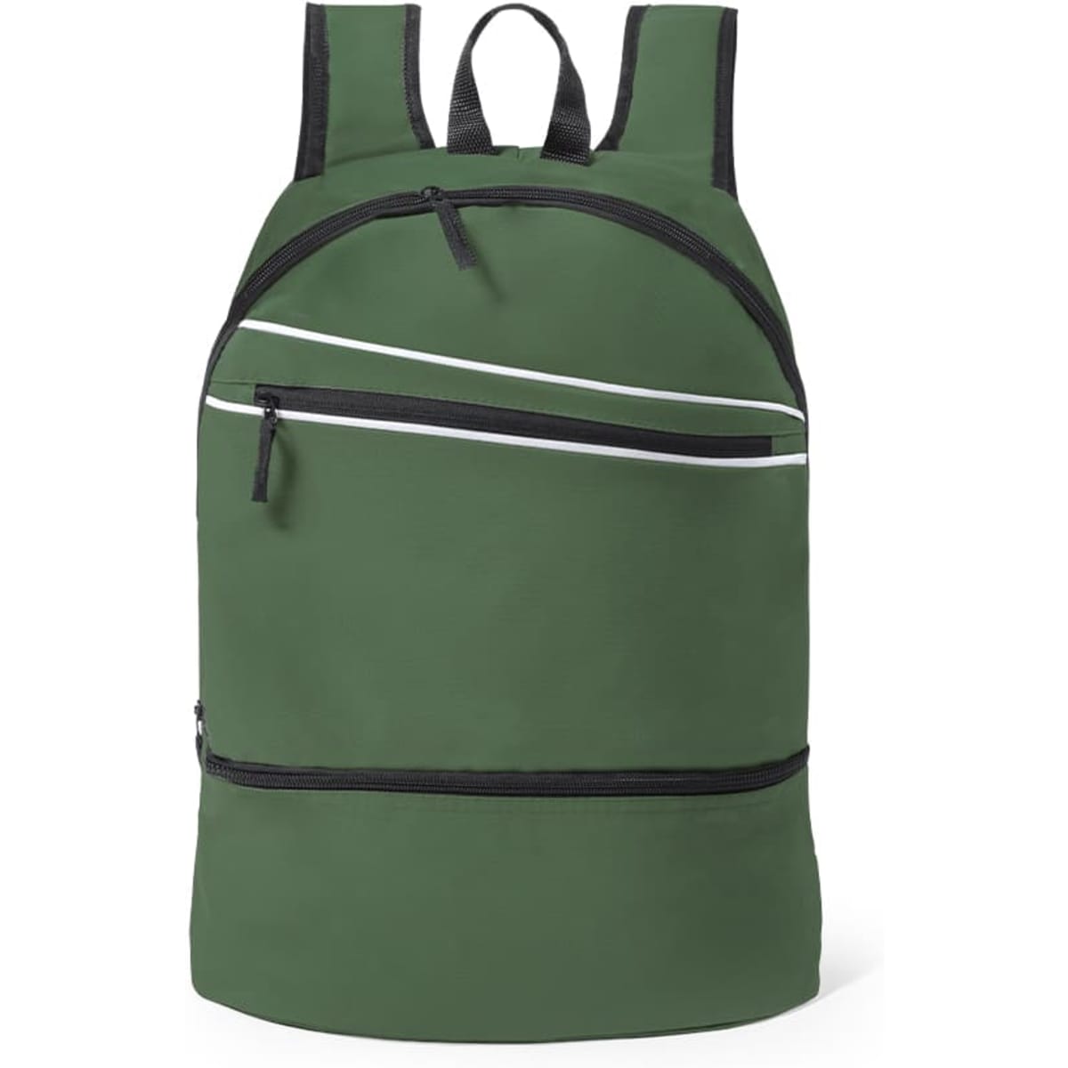 A green Dorian Backpack featuring multiple zippered pockets and padded straps, with a logo on the front.