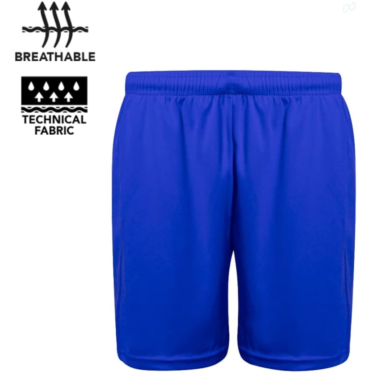 A pair of blue sports shorts made from breathable technical fabric, featuring a logo on the waistband.