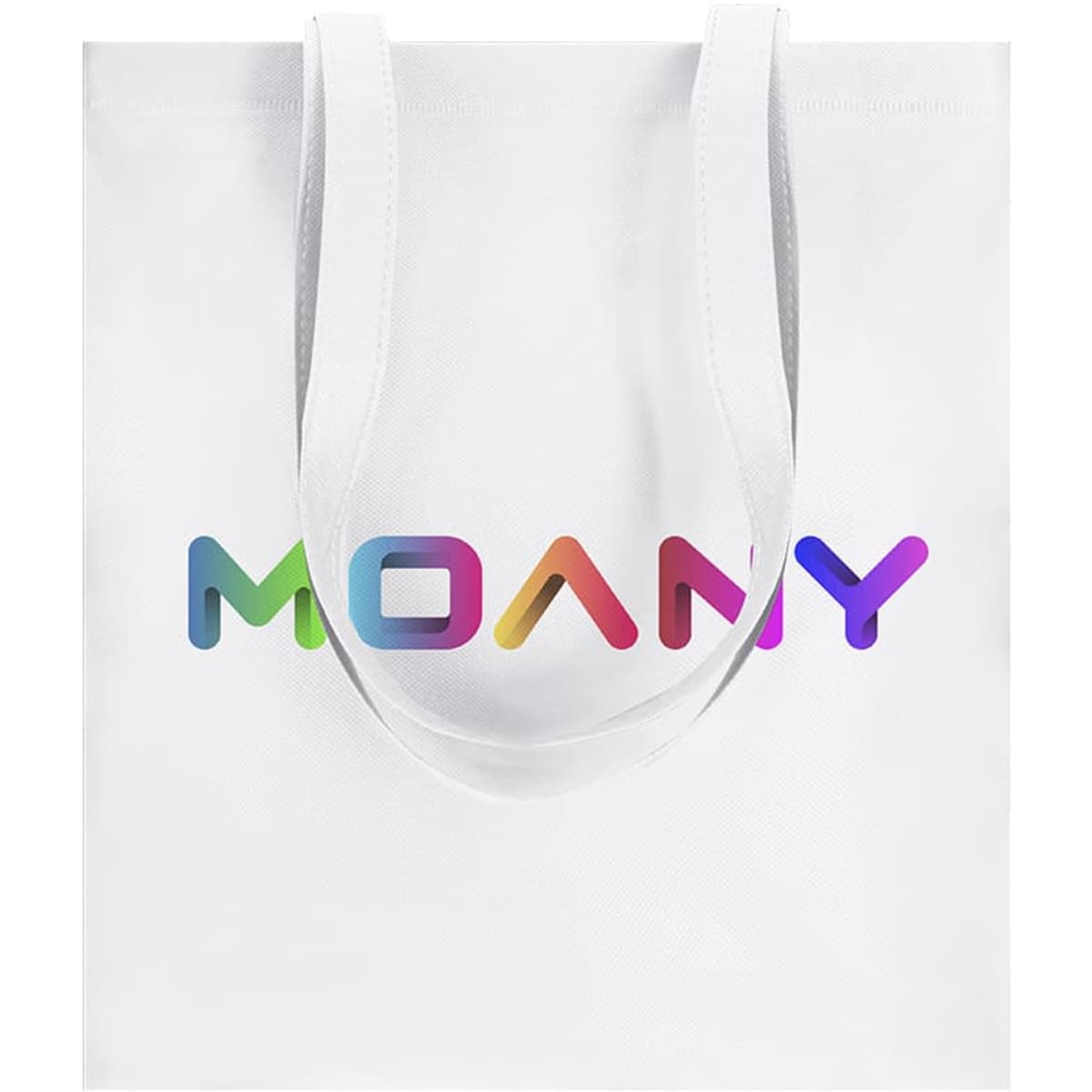 A white tote bag with colourful lettering features the word "MOANY" and has two shoulder straps.