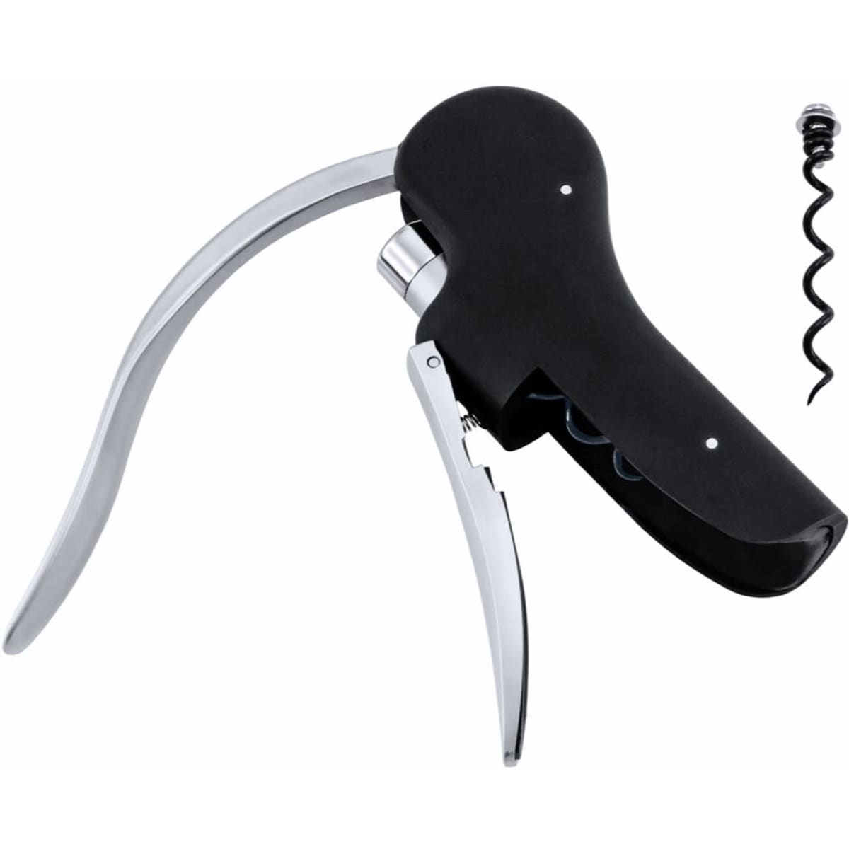 A black corkscrew with a silver lever and a spiral corkscrew, featuring a compact design for easy handling.