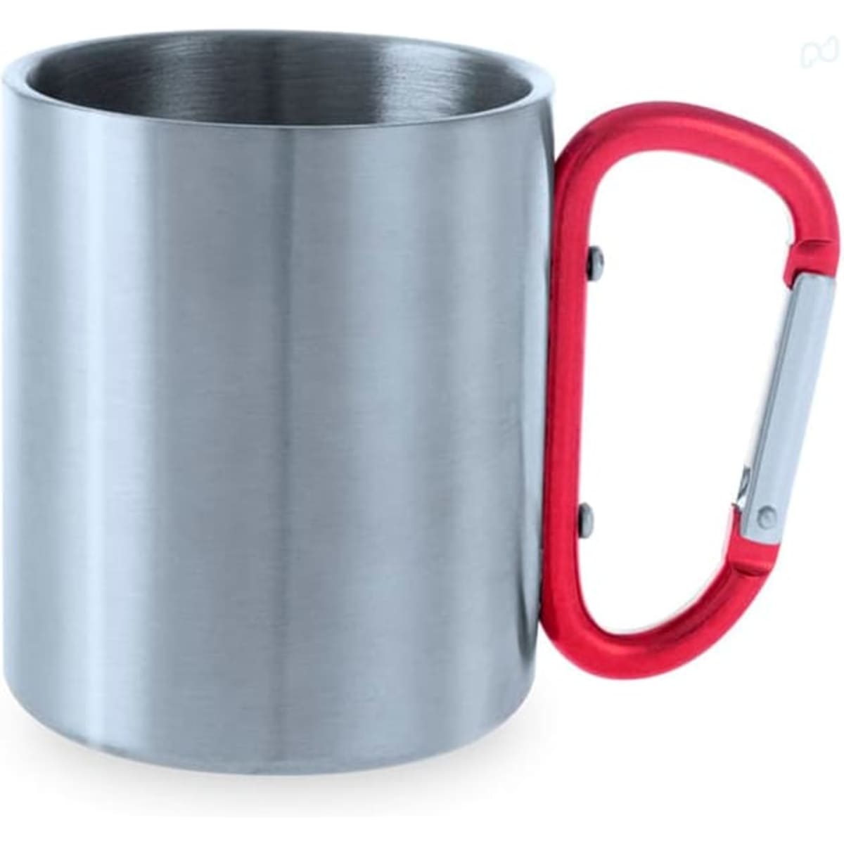 A drink mug with a stainless steel body and a red carabiner-style handle. It features a simple design and has a logo.