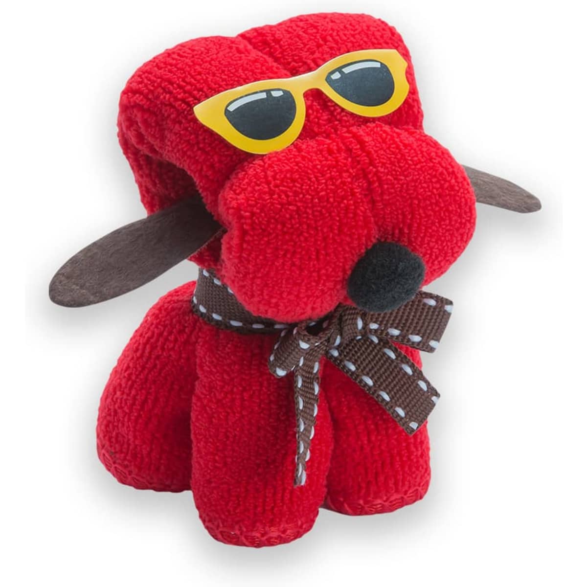 A red plush dog wearing yellow sunglasses and a brown bow tie, with floppy ears and a cheerful expression.