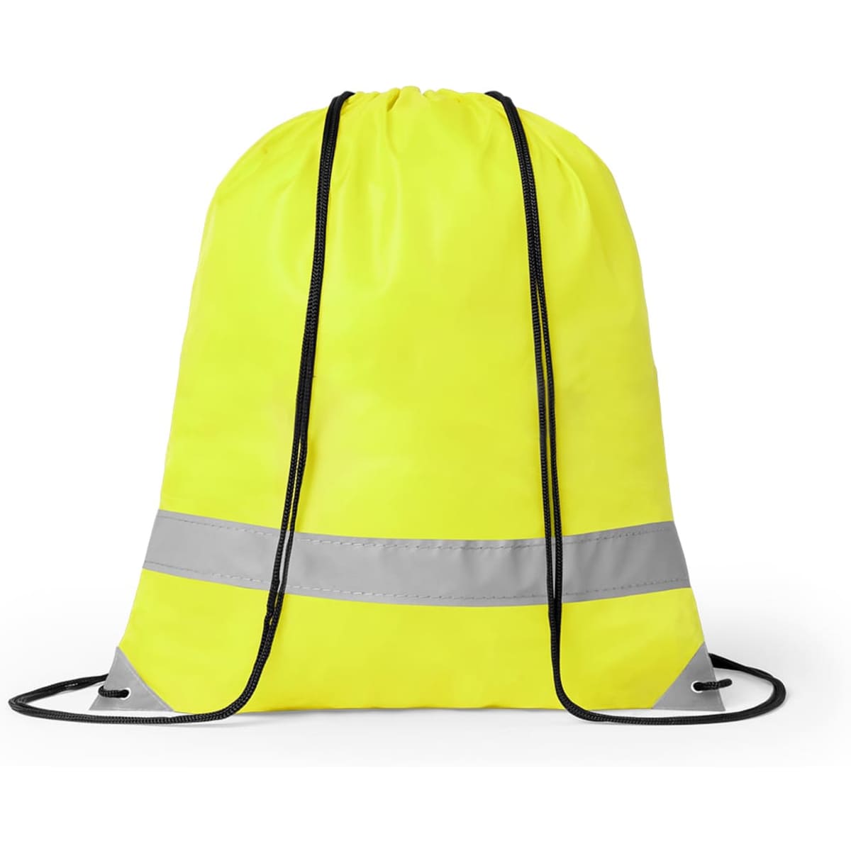 A bright yellow drawstring bag with reflective stripes and black cord straps. It features a logo.
