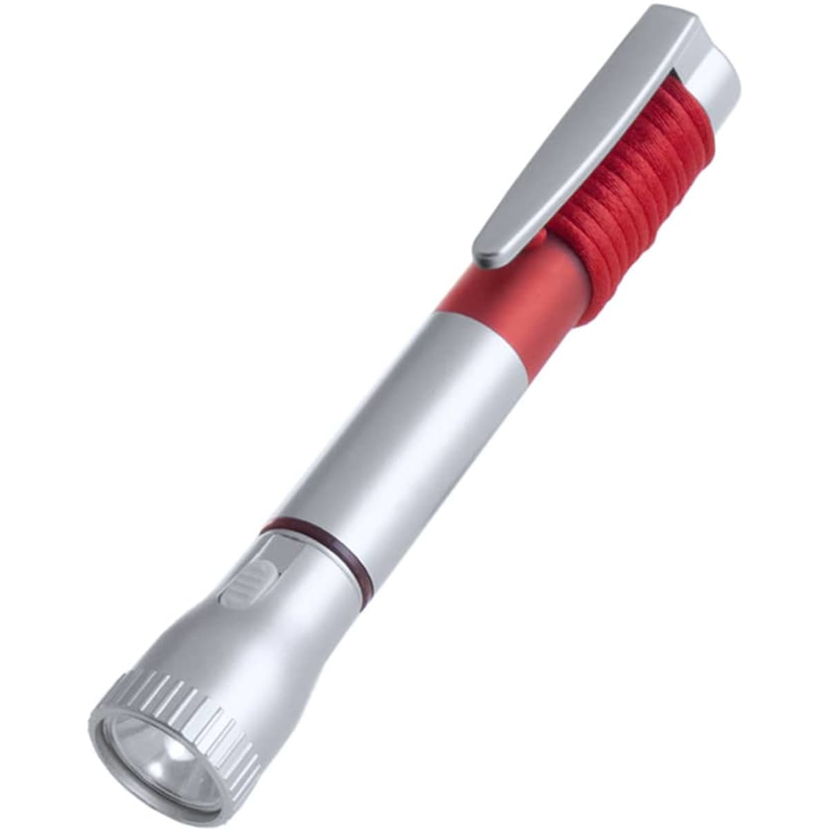 A silver pen torch with a red grip and a clip attachment, featuring a small flashlight at one end.