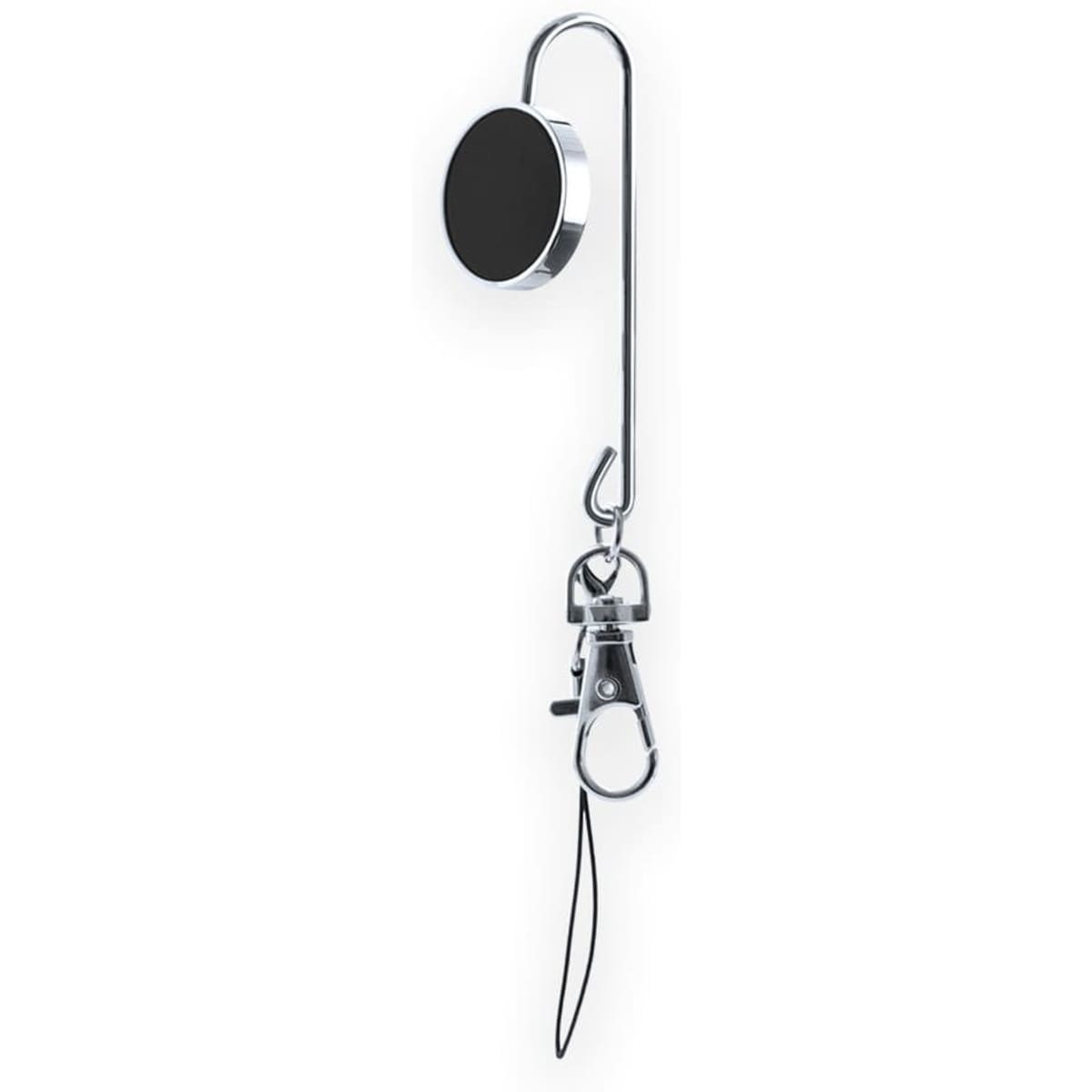 A chrome keyring tool with a retractable cord and a black circular end, featuring a clip for attachment.