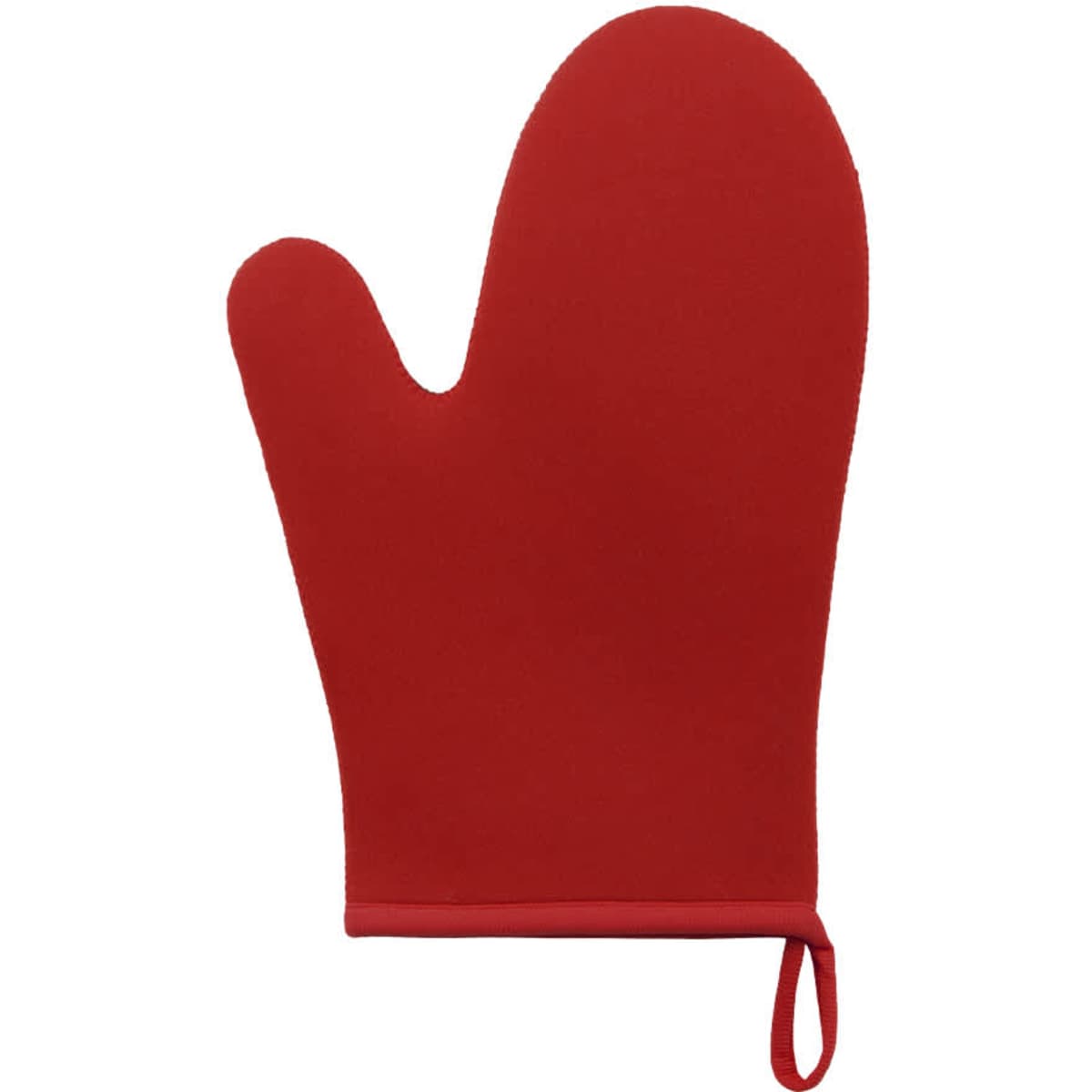 A red kitchen mitten with a loop for hanging and smooth texture, featuring a branding logo.