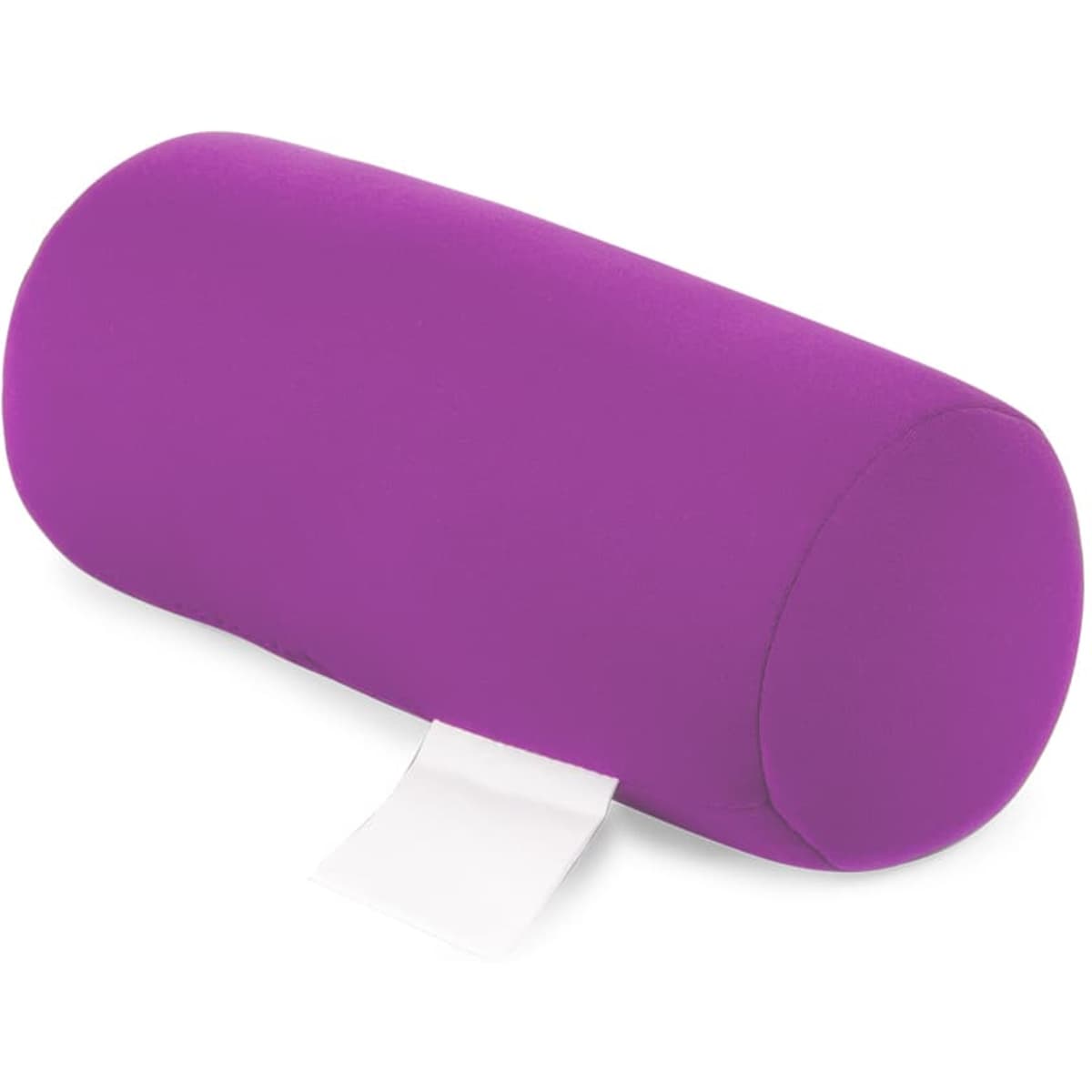 A purple bolster pillow with a smooth texture and a white label at one end.