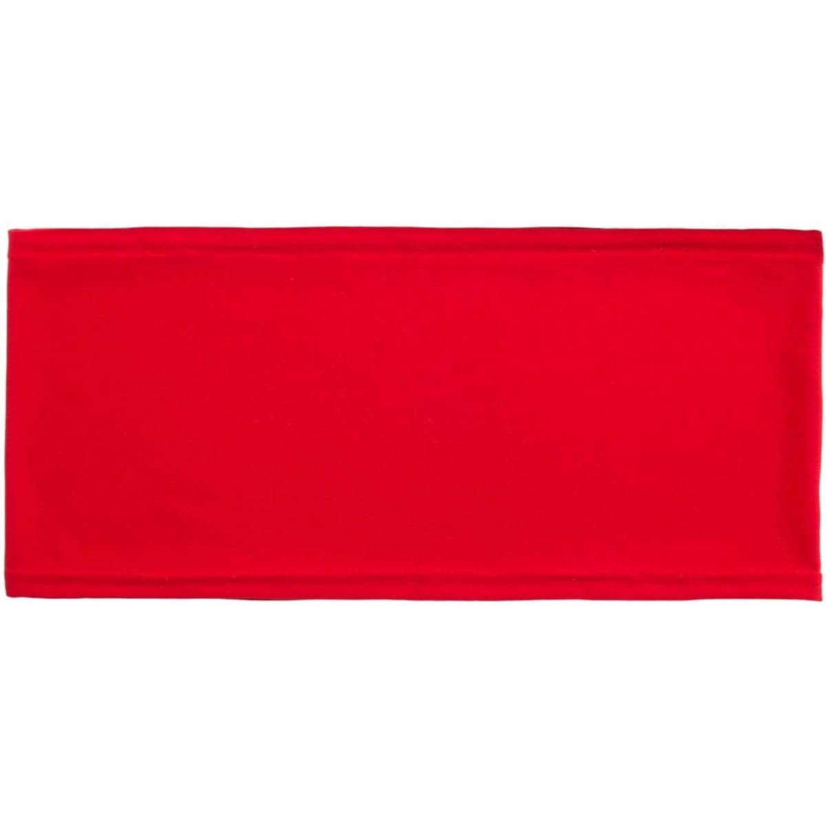 A red fabric band designed for securing or decorating chairs, featuring a branding logo.
