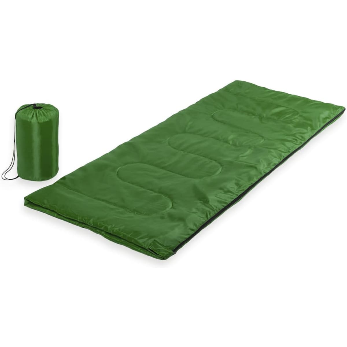 A green sleeping bag laid flat beside a matching rolled storage bag. The sleeping bag features a wavy pattern.