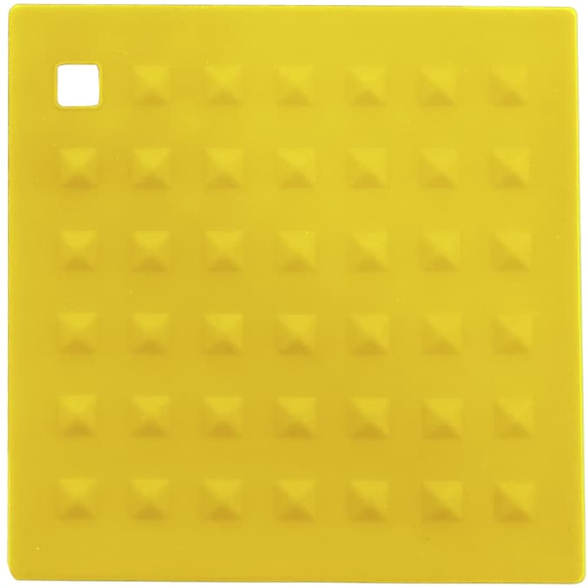 A yellow silicone mat featuring raised pyramid designs, with a small square cut-out in one corner.