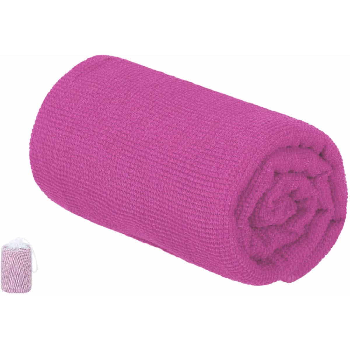 A rolled pink gym towel with a textured surface, accompanied by a smaller image showing its carry pouch.