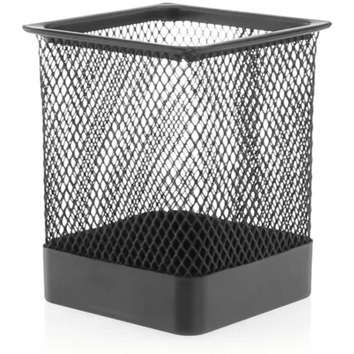 A black mesh pencil holder with a square base, designed for office storage. It features a branding logo.