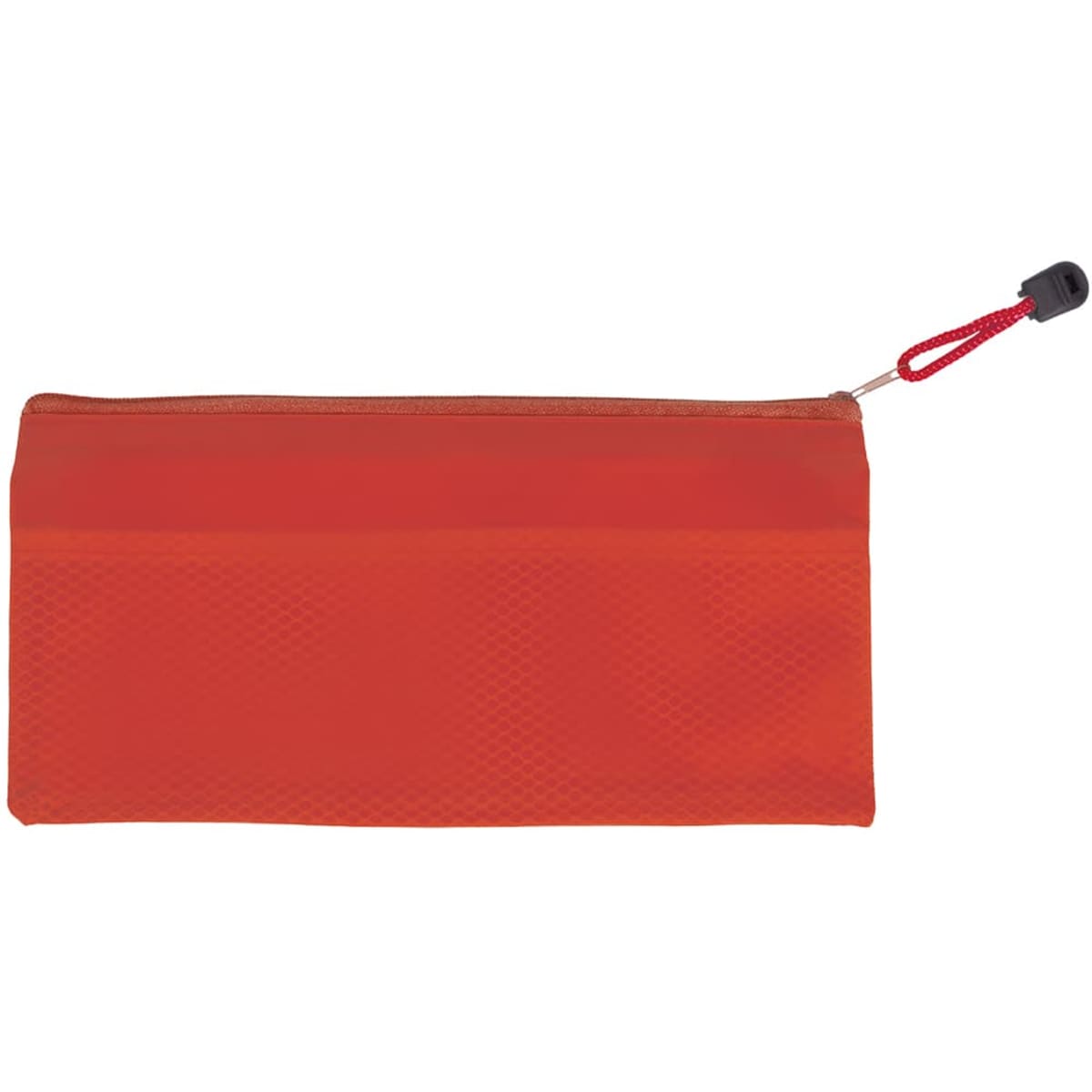 An orange pencil case with a textured finish and a red drawstring closure. It has a logo on it.