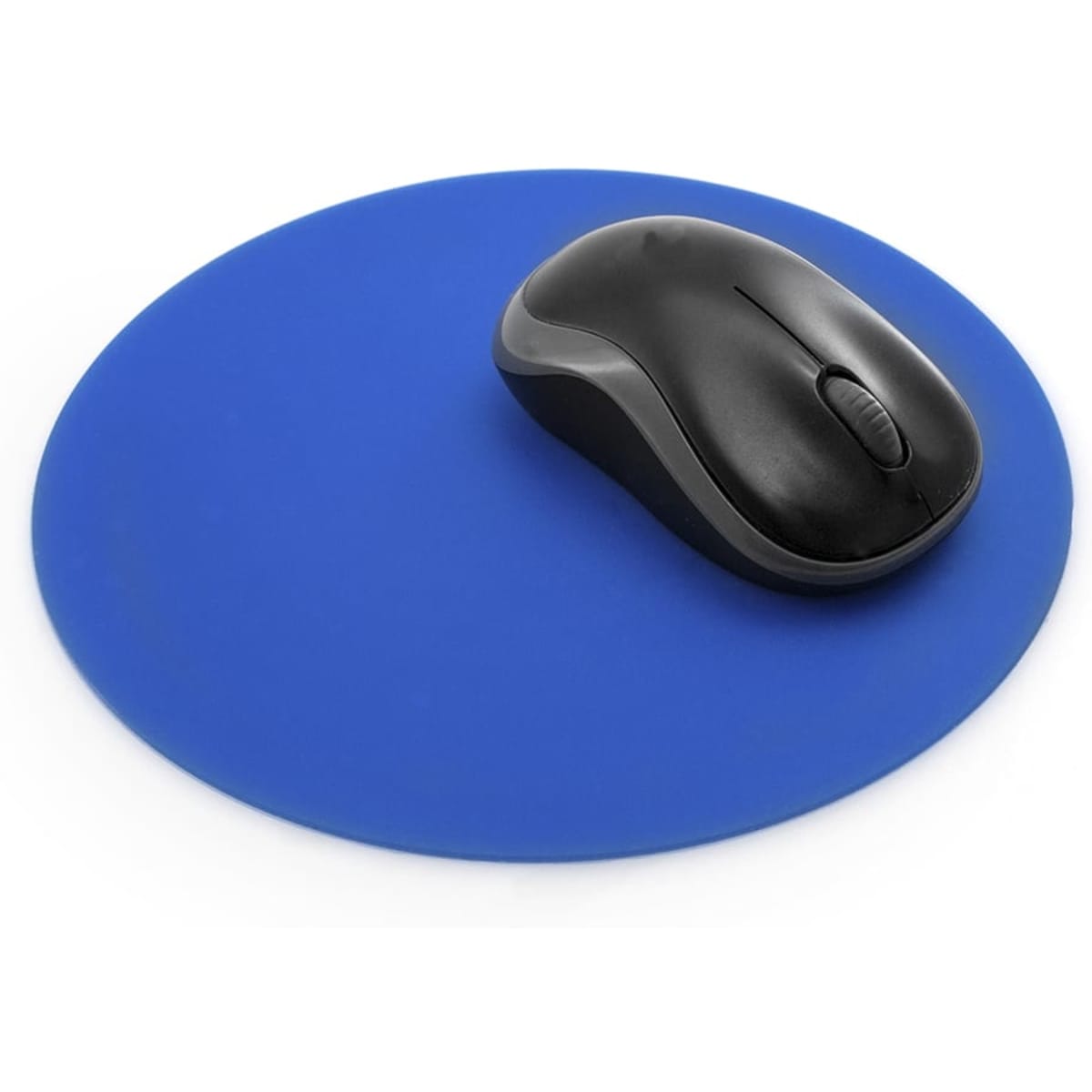 A blue mousepad with a black computer mouse resting on it, featuring a smooth surface and a circular shape.