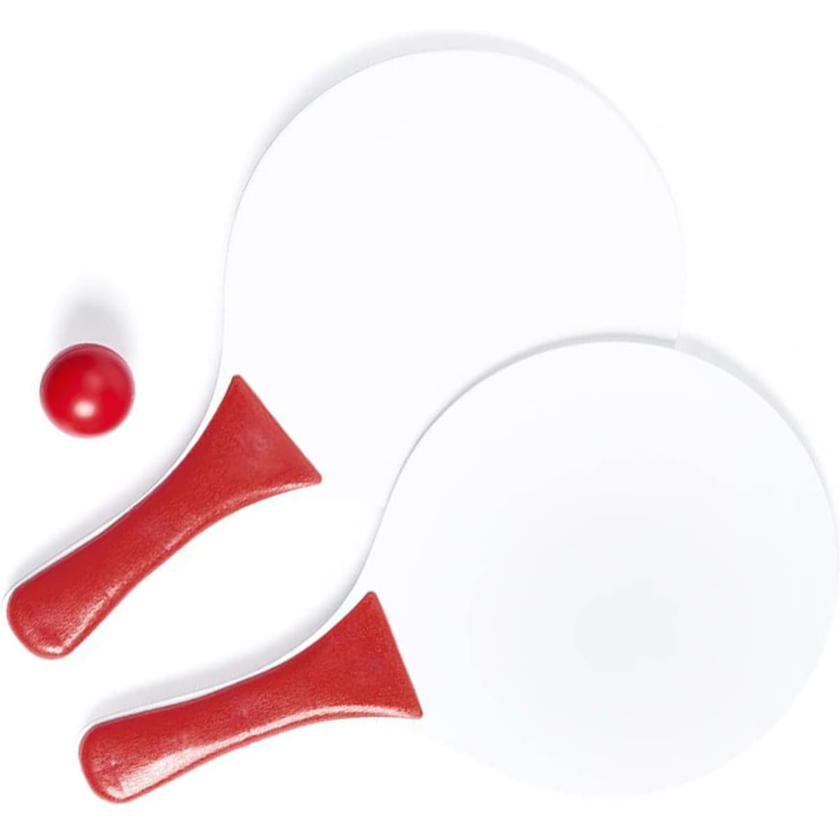 Two red-handled beach rackets with white paddles and a small red ball beside them. The image features a logo.