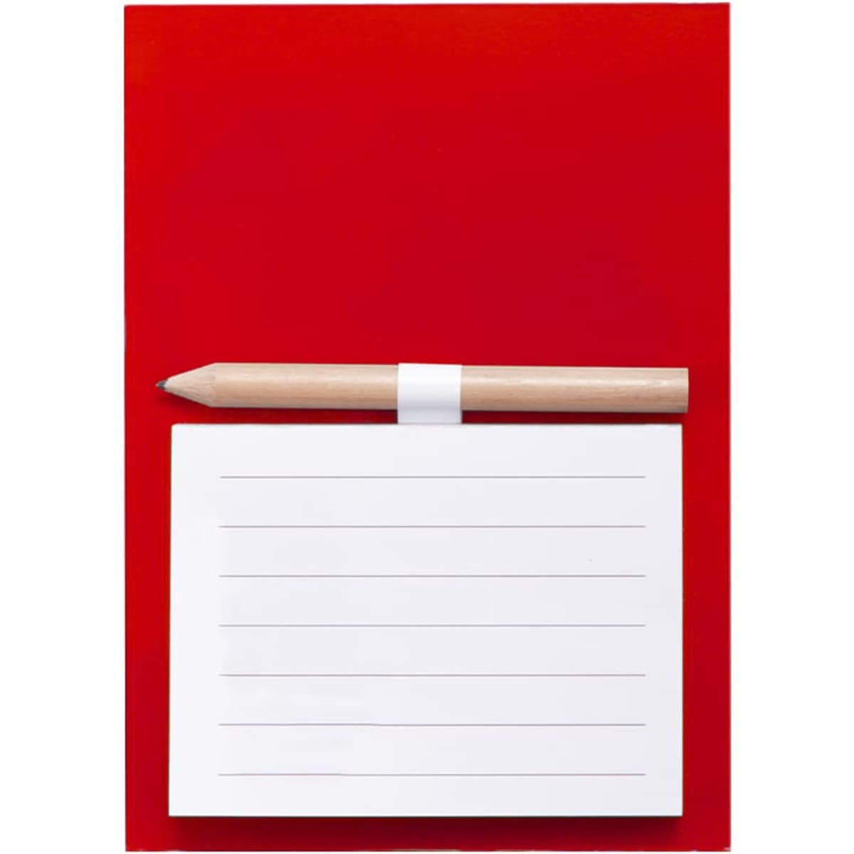 A magnetic to-do list with a red backing and a wooden pencil. It features a white notepad with lines.