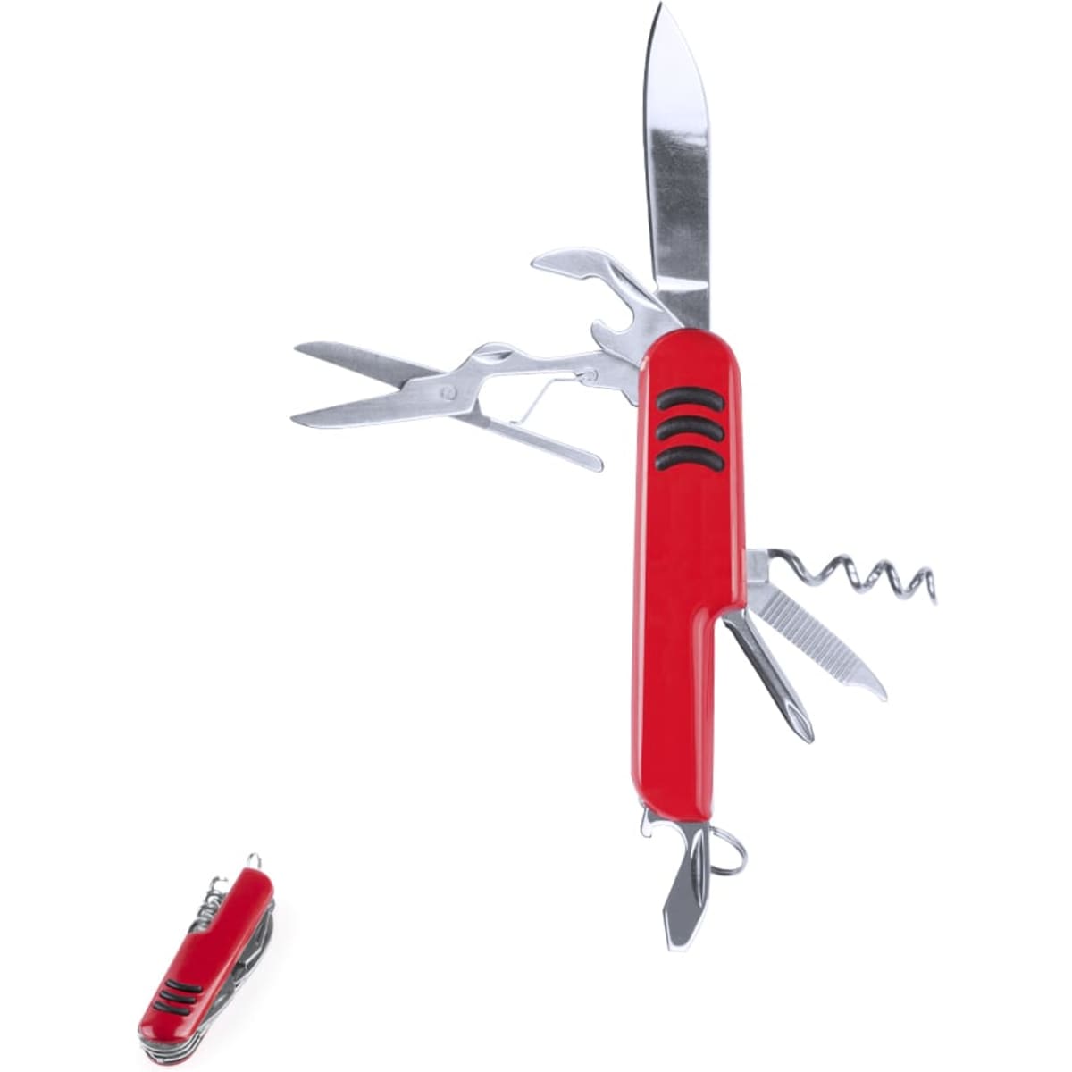 A red multi-tool with various metal functions, including a knife, scissors, and corkscrew, featuring a logo.