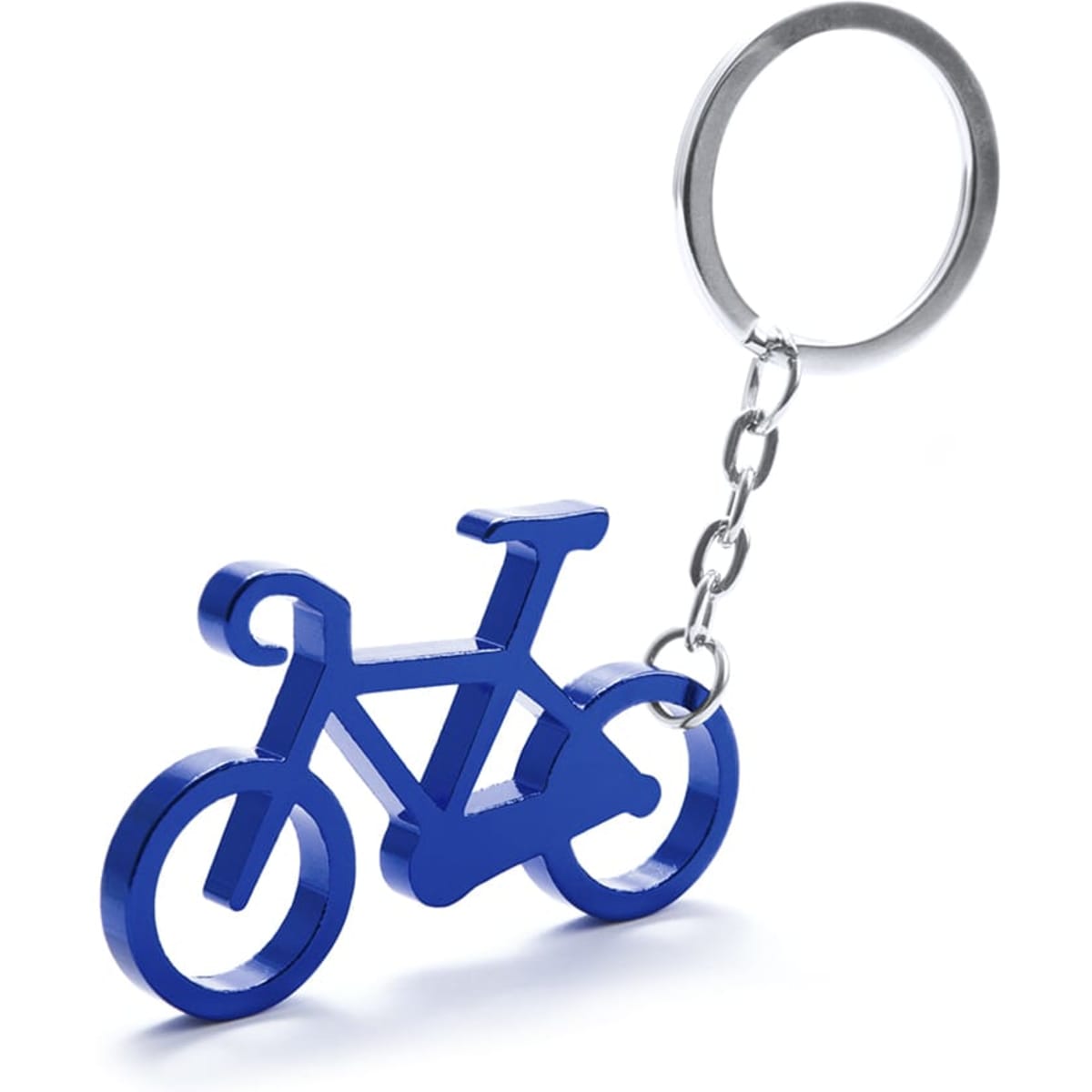 A blue bicycle-shaped keyring with a silver chain, featuring a simple and modern design.