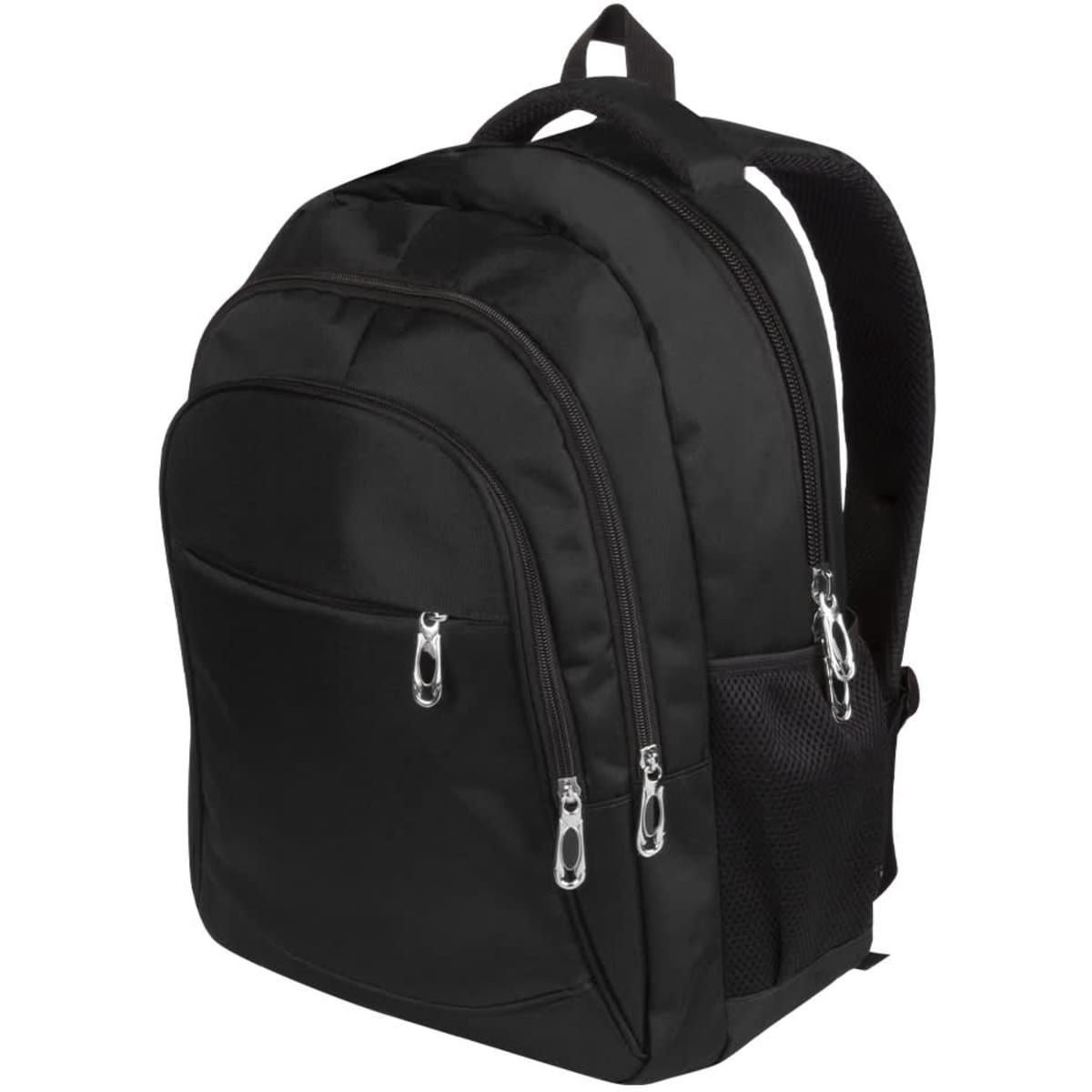 A black backpack with multiple zippered compartments and a mesh side pocket, featuring adjustable straps and a logo.