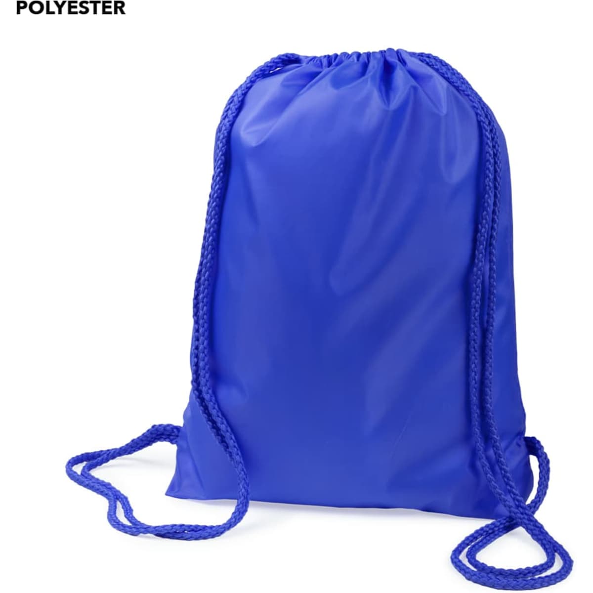 A bright blue drawstring bag made of polyester with matching drawstrings and a simple design.