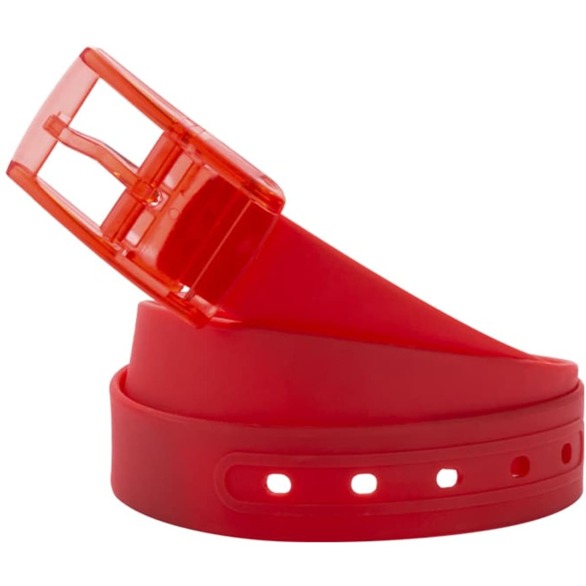 A red silicone belt with a transparent red buckle, featuring multiple holes for adjustment.