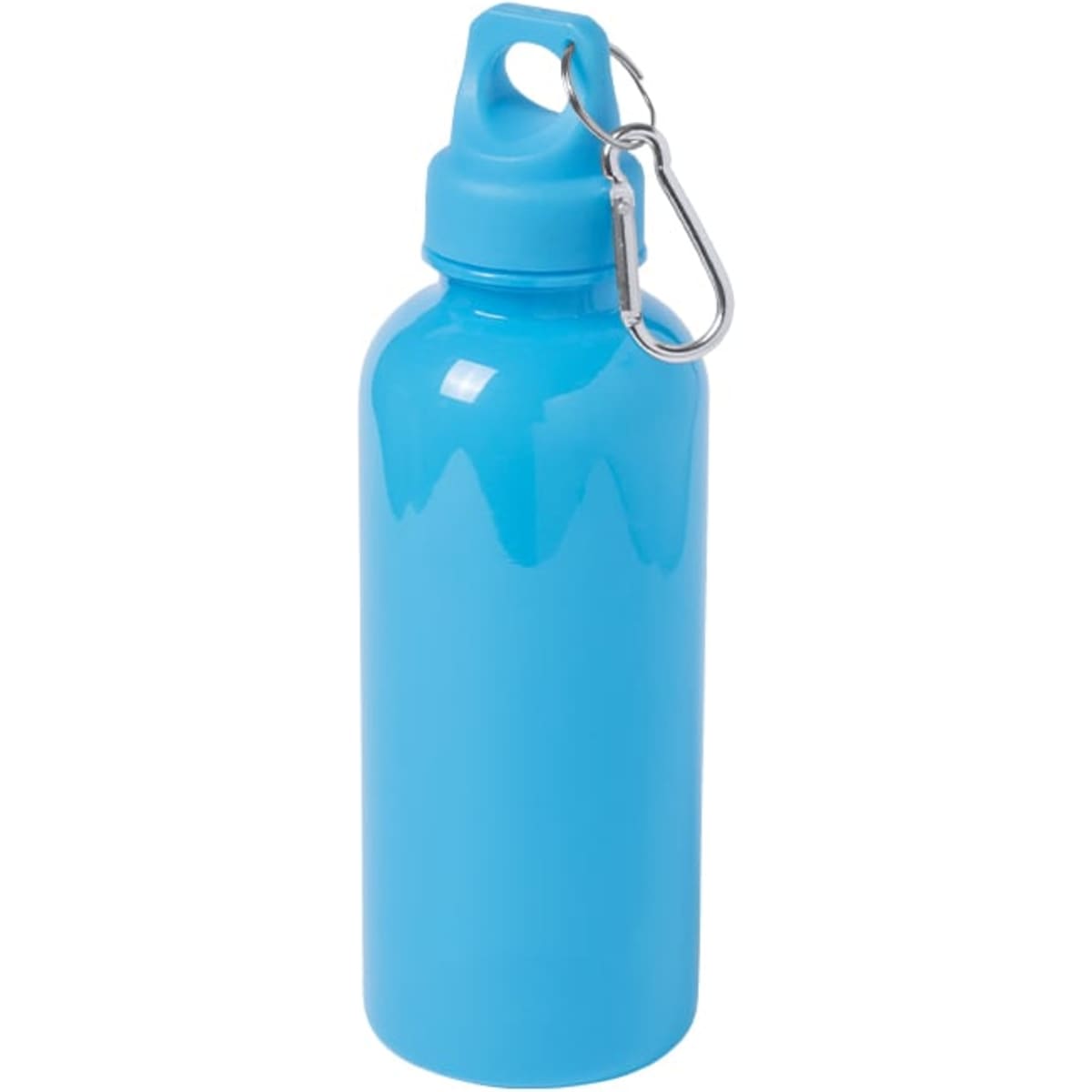 A drink bottle in bright blue with a shiny finish and a carabiner clip. It features a logo on the side.