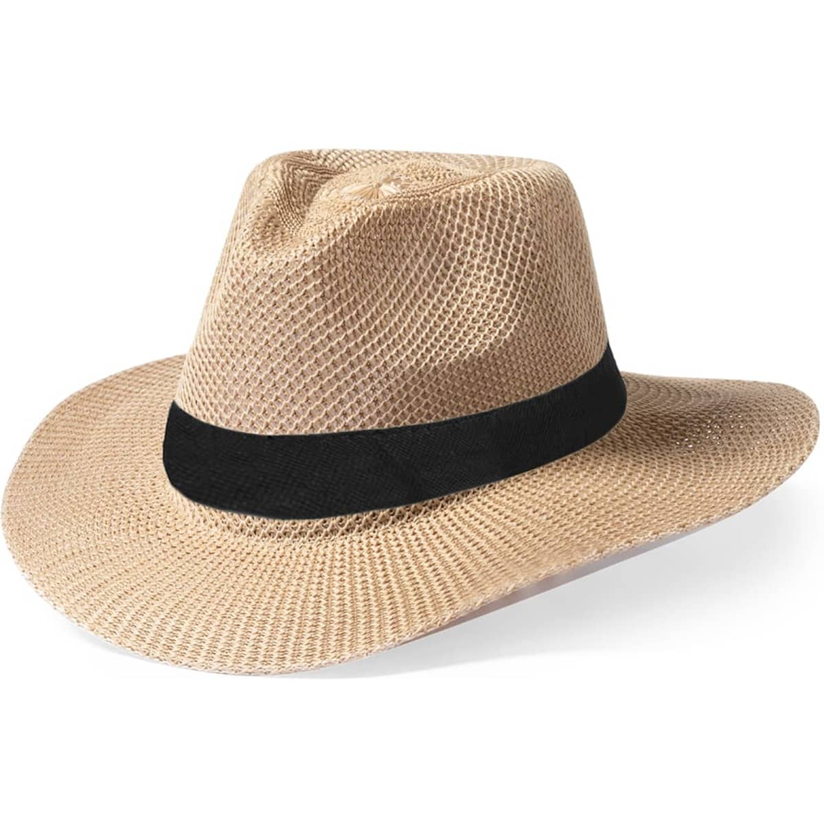 A straw hat in a light beige colour, featuring a black band and a wide brim. It has a logo on the side.