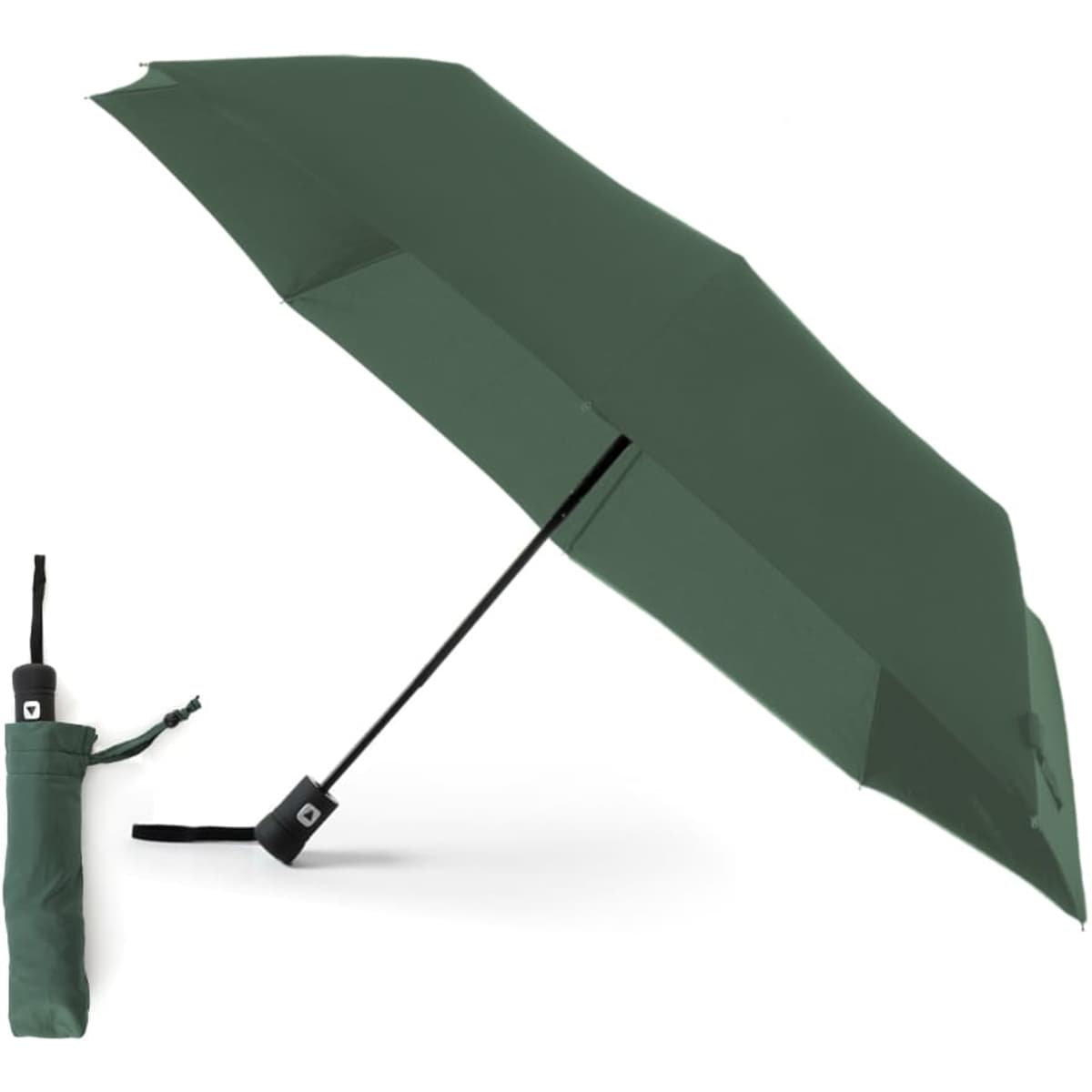 A green folding umbrella with a black handle and matching storage sleeve. It features a branded logo.