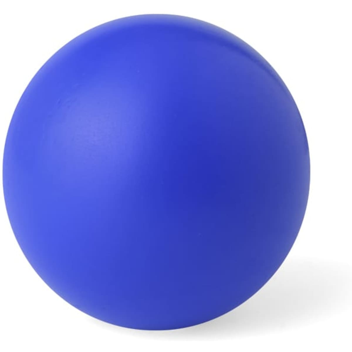 A blue stress ball with a smooth, matte surface, featuring a logo on one side.