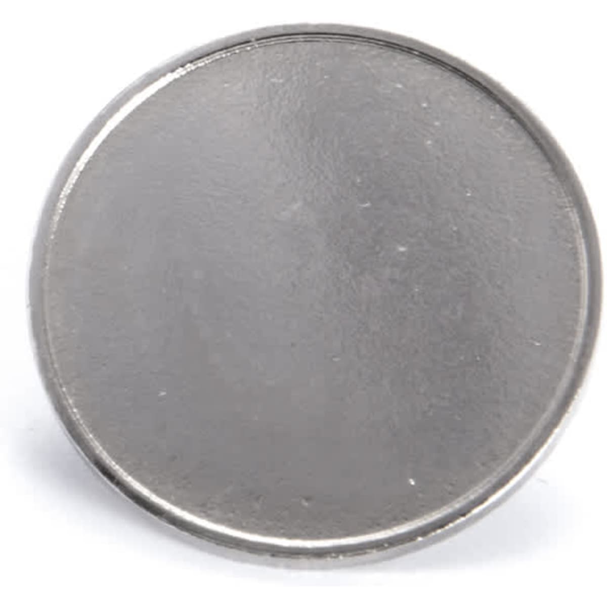 A silver lapel pin with a smooth, shiny surface, featuring a round, flat design. It includes a logo.