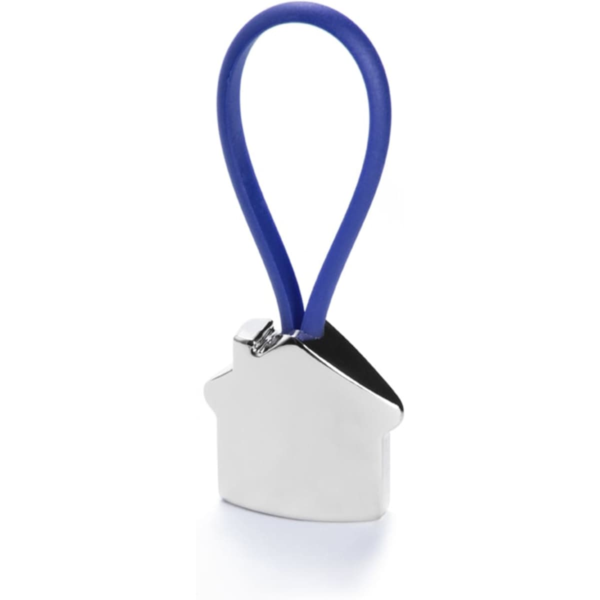A silver house-shaped keyring with a blue elastic loop. It features a logo on the surface.