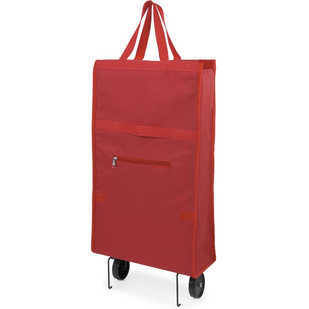 A red shopping trolley with a zippered front pocket and wheels, featuring sturdy handles for easy transport.