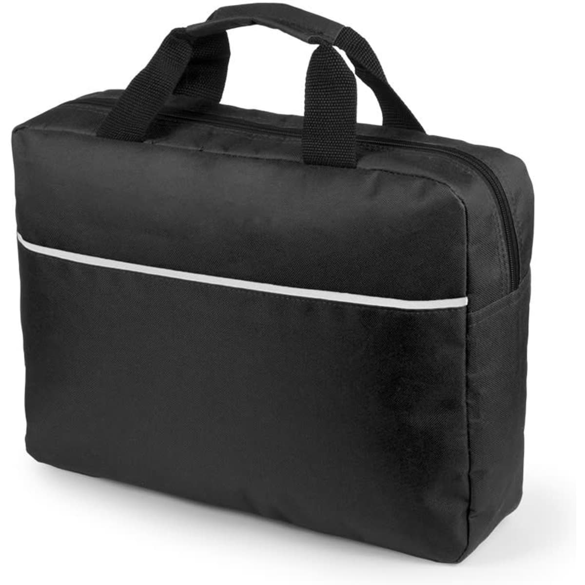 A black laptop bag with a zip closure and dual handles, featuring a contrasting white strip on the front.