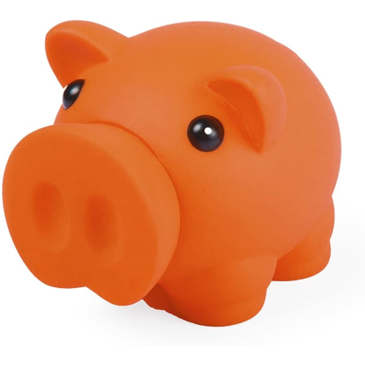 An orange piggy bank with a rounded shape and large black eyes, featuring a smooth, rubbery texture.