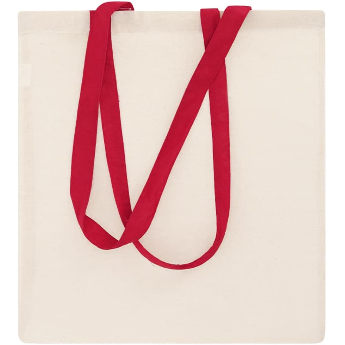 A tote bag in cream with red straps, featuring a simple design and a logo.