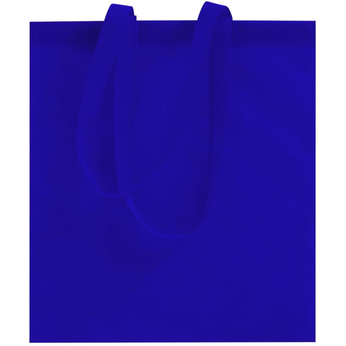 A bright blue reusable grocery bag with two sturdy handles and a simple design, featuring a logo.